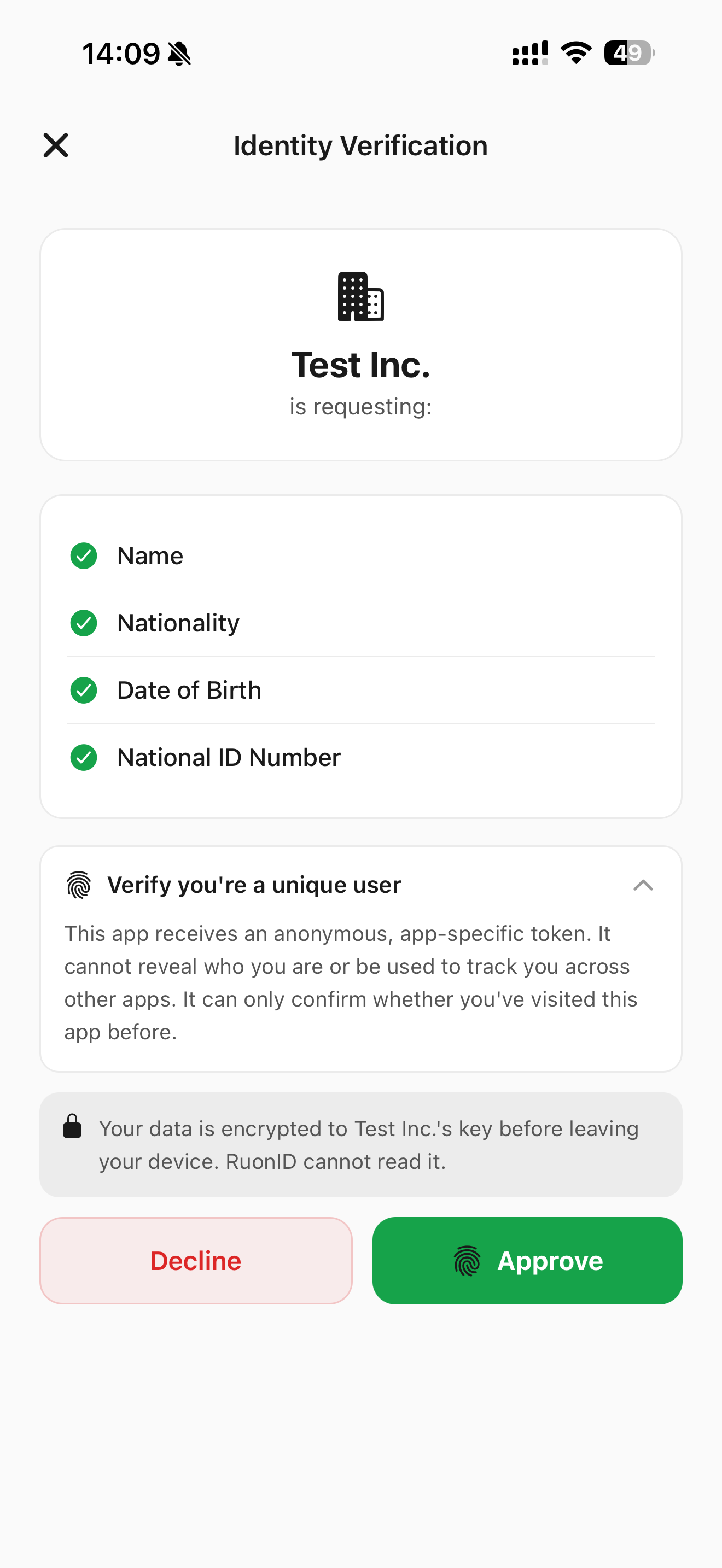 Identity verification, approve exactly which data to share, encrypted end-to-end